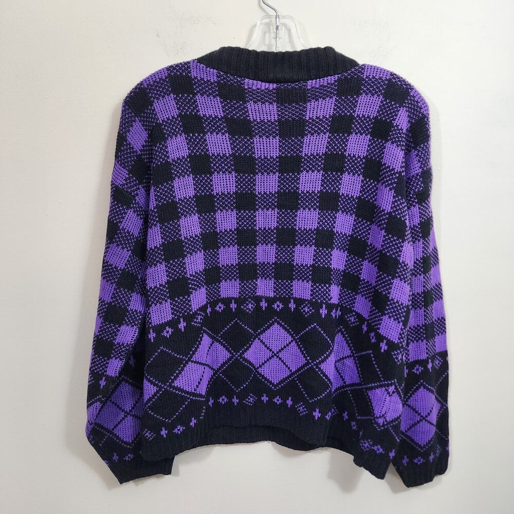 Vintage Adele knitware purple & black check & argyle sweater woman's size M / L - Picture 3 of 8